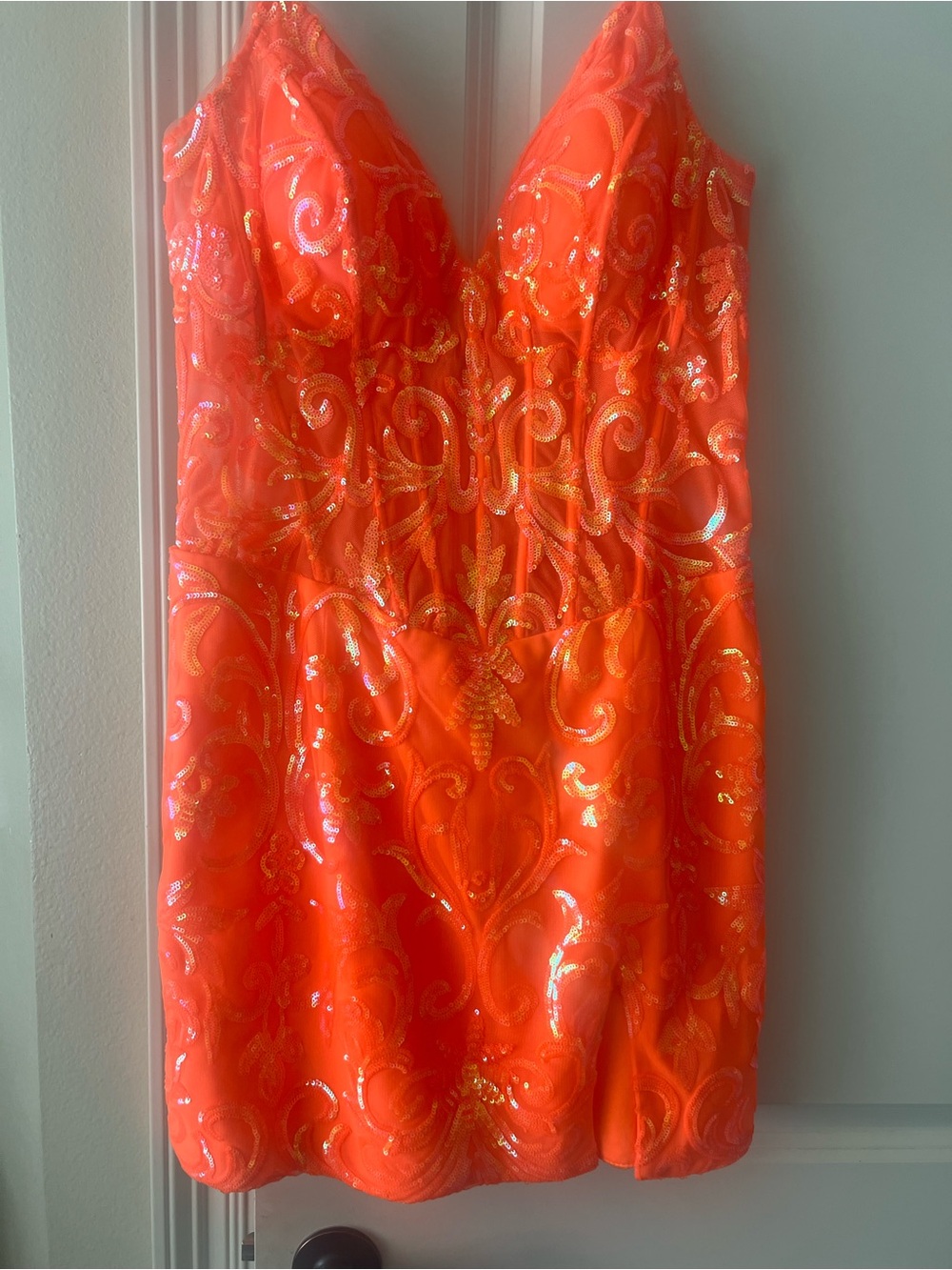 JVN by Jovani Neon Orange Sequin V-Neck Cocktail Dress